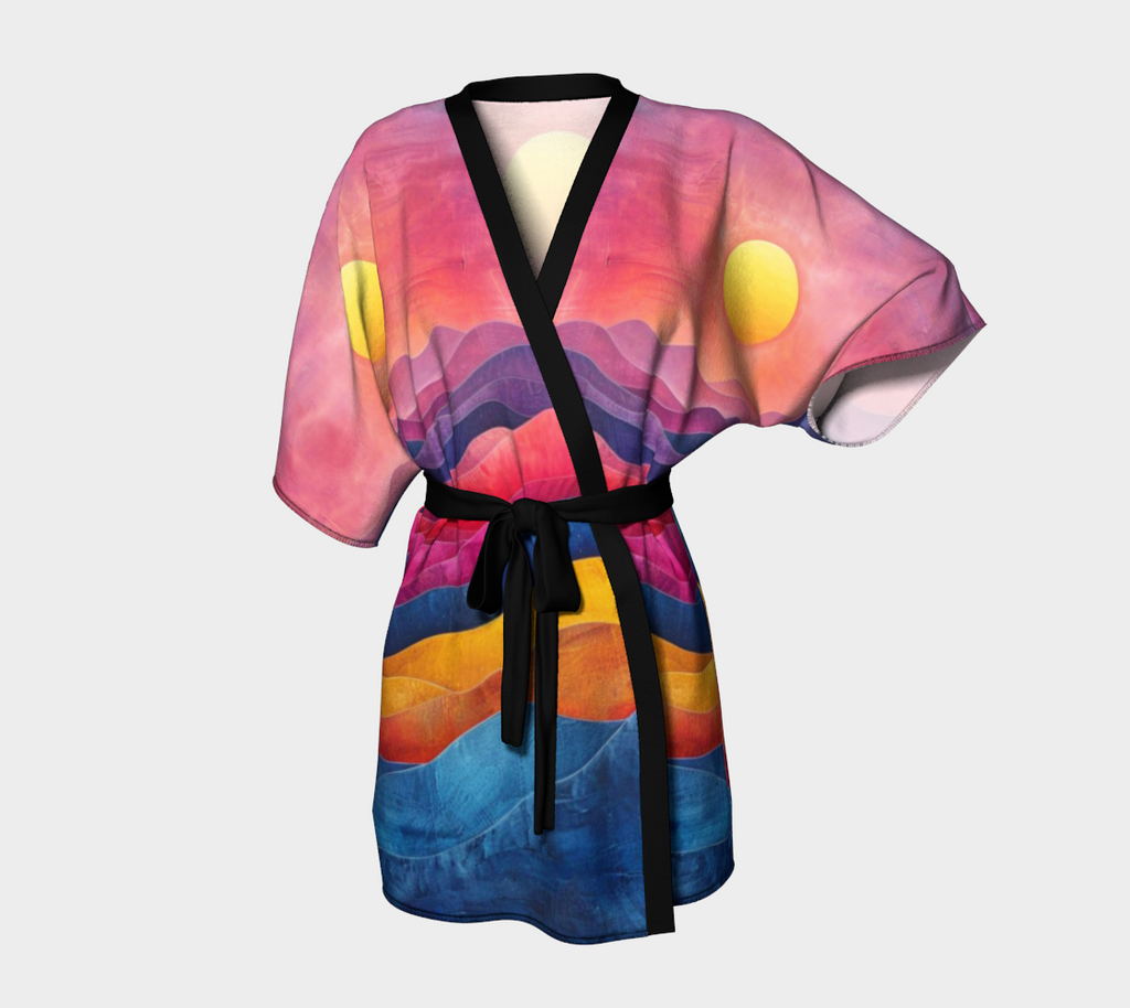 Color Waves At Sunset Kimono Robe With Black Trim