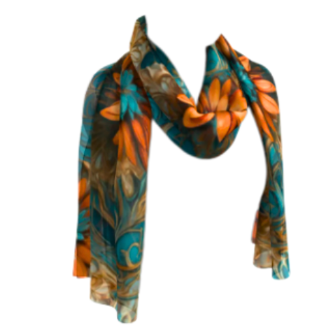 Turquoise and Orange Flower Long Scarf